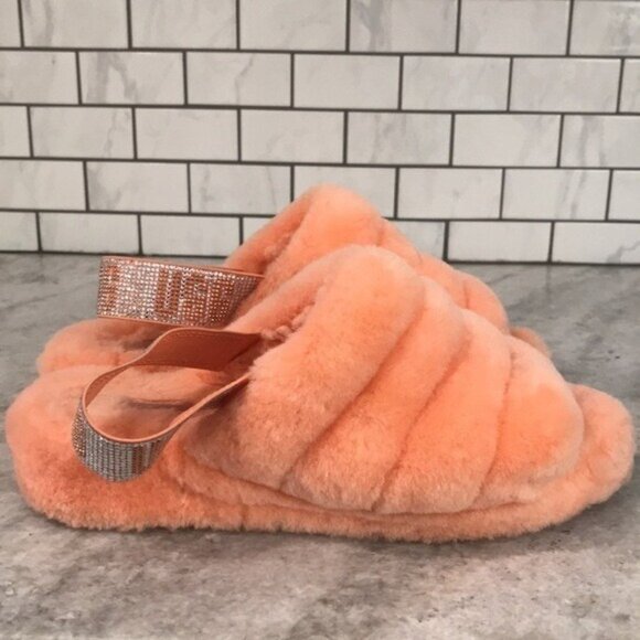 UGG Shoes - UGG Slippers Womens 9 Orange Fur Fluff Yeah Shearling Slides Slip On Y2K